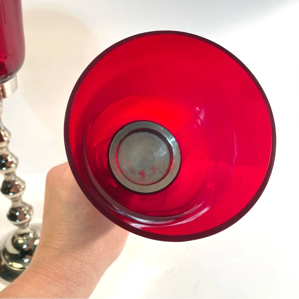 Z Gallerie Carmen 13” Red Glass & Silver Nickel Metal Votive Candleholders Set